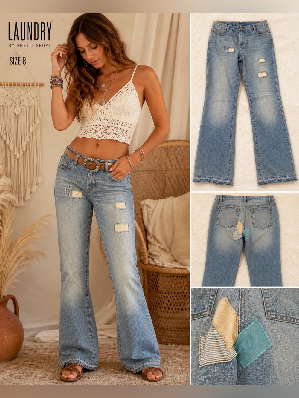 Laundry Shelli Segal Distressed Patchwork Jeans Womens SZ 8 Y2K Boho Blue vtg